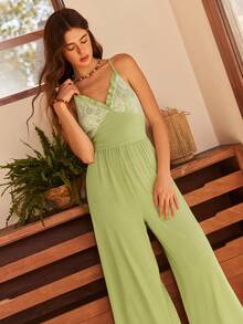 Bohemian Lace Patchwork Loose Wide Leg Jumpsuit, Casual Elegant Women Sleepwear Jumpsuit - Mint Green - View 1