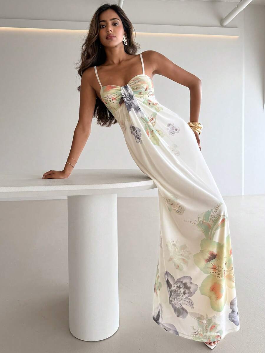 Aloruh Đầm hai dây xếp ly in hoa dành cho nữ, thích hợp cho kỳ nghỉ hè.