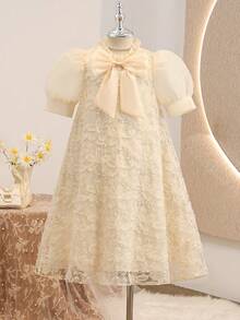 SHEIN 少女優雅純色夏季花童杏色A字中長洋裝，刺繡網紗泡泡袖立領喇叭下擺派對米金色 - 杏色 - 查看 8