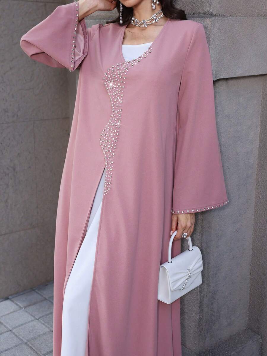 Yasmyna Women's Spring/Summer Long Sleeve Rhinestone Embellished Elegant Abaya Robe, Pink/Purple - Pink - View 1