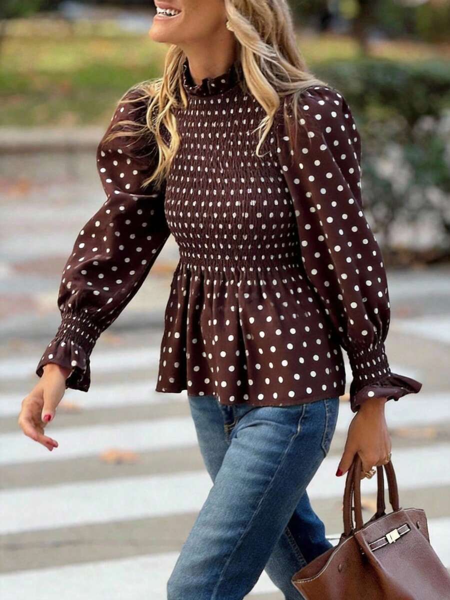 Solivie 女士优雅衬衫，咖啡色波点修身衬衫，适合通勤、外出、聚会和度假，波点上衣，夏季假日 - 咖啡棕 - 查看 1