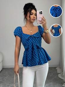 Elenzga Women's Elegant Heart & Polka Dot Pattern Bow Tie Blouse - Multicolor - View 3