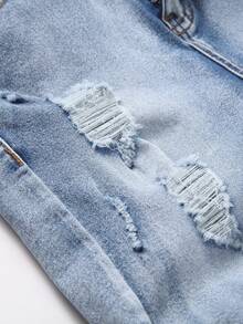 SHEIN Pantaloncini di jeans skinny strappati con design versatile e tagliato, adatti per ragazzi adolescenti, abbigliamento casual e streetwear, ideali per l'estate e la primavera - Blu - Visualizzare 5