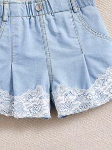 SHEIN Young Girls Summer Washed Denim Shorts, Casual Elastic Waist Loose Fit Wide Leg Lace Trim Blue Jeans Shorts - Blue - View 6
