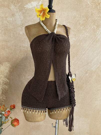 Soleia 女士复古度假风梭织面料木珠领口及下摆开衩超短裤串珠流苏两件套，适合派对、约会、夜店、海滩、邮轮、下午茶、波西米亚风、度假、秋季等场合。