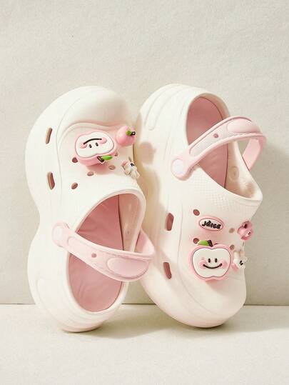 Cuccoo 女士白色四季透气木屐，可DIY鞋花装饰，户外沙滩休闲凉鞋，闭趾拖鞋，童趣卡通动物装饰，情人节款