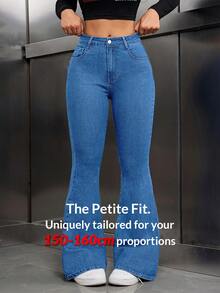 SHEIN PETITE Women's Pocket Button Casual Versatile Daily Wear Flared Jeans - Light Wash - View 7