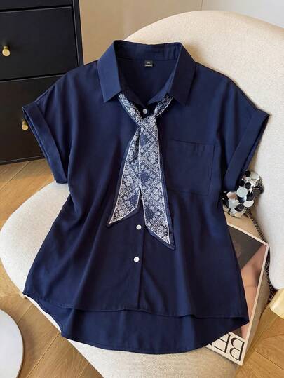 Franclia Plus Size Women Casual/Office Wear Navy Blue Short Sleeve Shirt, Summer