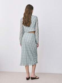 Nöista Two Pieces Outfit, A Long-Sleeve Crop Top And A High-Waisted, Midi Skirt In Blue And Brown Plaid Pattern. Spring, Summer Set, Outfit, Co-Coords. - Green - View 2