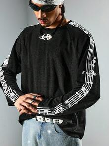 ROMWE MEN Street Life 男士休闲宽松圆领长袖T恤，印有音符图案 - 黑色 - 查看 7