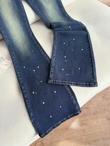 Elamini 女士时尚复古休闲百搭喇叭牛仔裤 - 藍色 - 查看 5