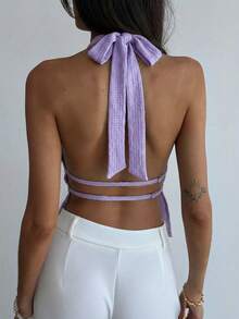Aloruh 女士性感露背吊带背心，饰有贝壳边和腰部拼接设计 - 紫羅蘭色 - 查看 2