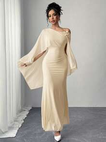 Firerie 女士优雅精致迷人浪漫情人节、约会、舞会、派对礼服，配有3D立体花卉网纱披肩、收腰设计和褶裥A字裙摆 - 杏色 - 查看 3