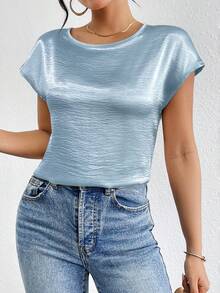 Firerie Áo sơ mi satin tay cánh dơi màu trơn dành cho nữ - Màu xanh nhạt - Xem 4