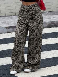 DAZY Jeans de mezclilla de estampado de leopardo holgados y casuales para mujer, estilo Y2K de verano - Gris - Ver 4