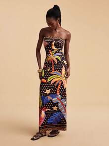 Travachic 女士多色印花无肩带连衣裙，度假款 - 黑色 - 查看 7