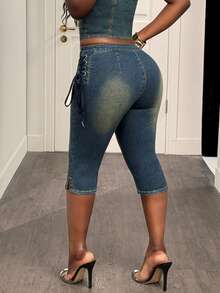 Slaydiva Women's Casual Distressed Side Tie Skinny Cropped Jeans, Summer - Medium Wash - View 2