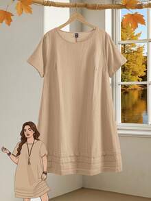 EMERY ROSE 大码纯色短袖休闲度假连衣裙，女士夏季服装/夏季，热带度假女装短袖连衣裙，女士休闲连衣裙，米色连衣裙 - 卡其色 - 查看 1