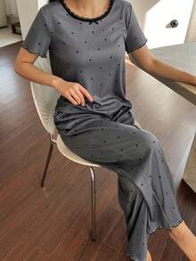 DAZY 女士波点印花撞色蕾丝荷叶边短袖上衣长裤睡衣套装，春夏秋季 - 灰色 - 查看 6