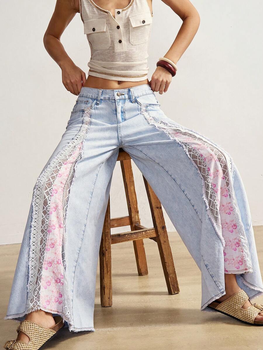 Bohemela Boho Winter / Spring / Summer Casual Washed Floral Lace Patchwork Denim Women's Long Pants, Concert & Party Outfit, Suitable For Beach Vacation, Daily Wear, Back To School, Outings, Parties, New Year, Valentine's Day, Carnival, Music Festivals, And More Occasions. - Blue - View 1