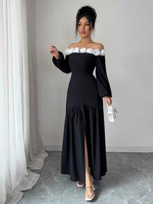 Rafferiza Women's Woven Plain Black One-Shoulder Long Sleeve Cinched Waist A-Line Dress With White Floral Applique, Elegant Party Dress - Black - View 3