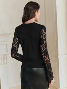 Anewsta 女士优雅撞色蕾丝圆领长袖修身衬衫 - 黑色 - 查看 7