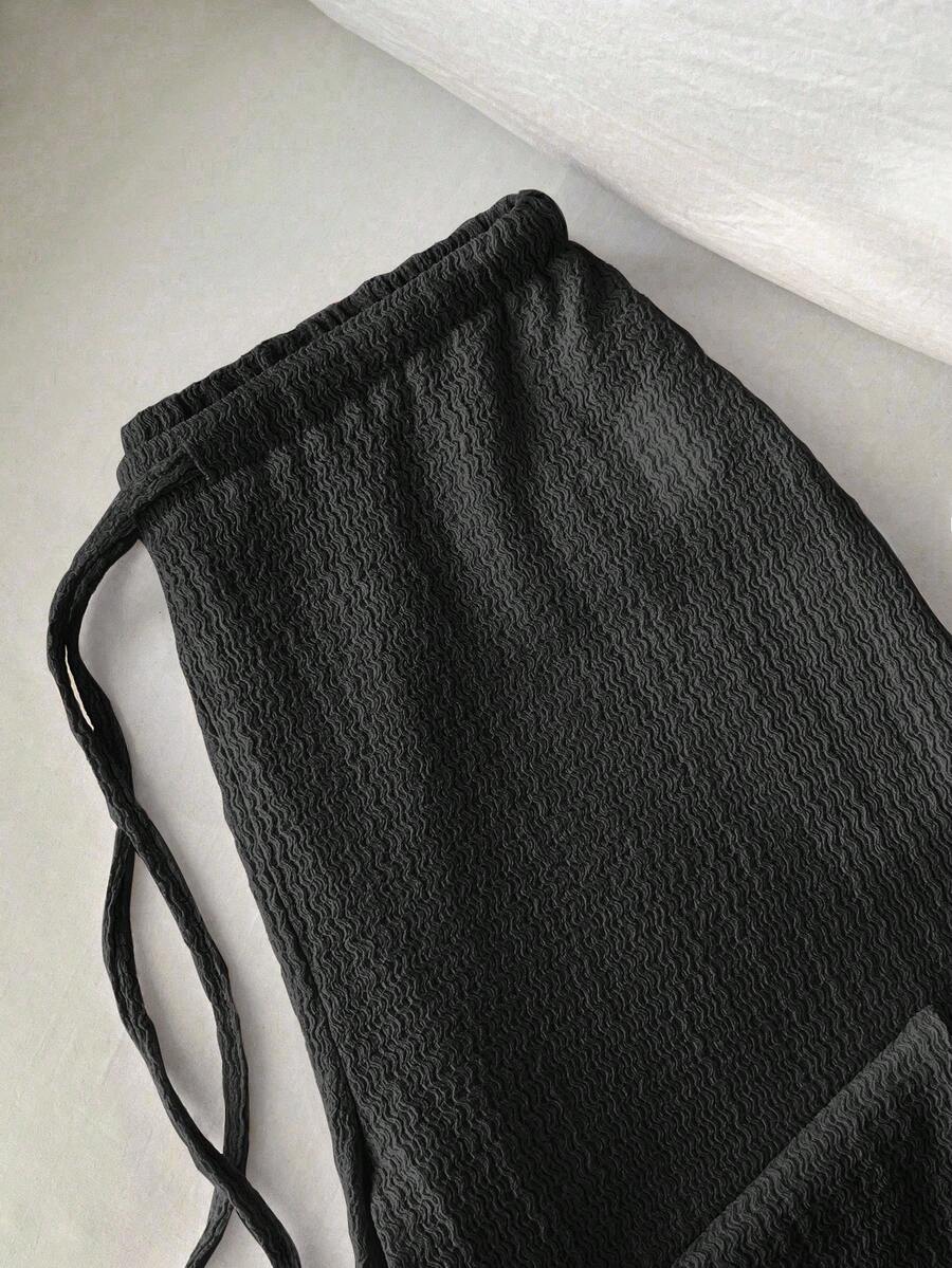 Elamini 2026新款女士复古纹理休闲低腰宽松直筒裤，显瘦百搭深灰色垂坠长裤 - 深灰色 - 查看 1