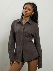 COUREZ 格纹长袖束腰衬衫 / 夏季上衣 Y3K Y2K 复古风 - 咖啡棕 - 查看 2