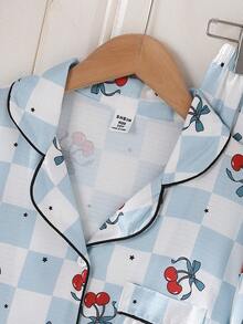 Girls Floral Bubble Plaid Print Lapel Cardigan & Pants Casual Lightweight Outfit, Spring/Summer Loungewear - Multicolor - View 6