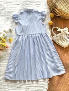Vintaside Kids Đầm ngắn tay lửng cổ bẻ kẻ sọc dọc đơn giản, thời trang cho bé gái mùa hè, thích hợp cho kỳ nghỉ ngoài trời, cắm trại và mặc thường ngày. - Màu xanh lam - Xem 2