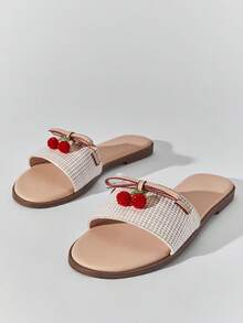 Solezae 女士樱桃水果装饰露趾套脚凉鞋，日常夏季梦幻可爱拉菲草PU平底凉鞋 - 米色 - 查看 4