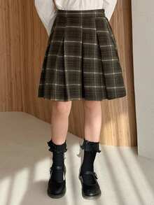 DAZY 少女格子印花百褶休闲百搭迷你裙 - 棕色 - 查看 6