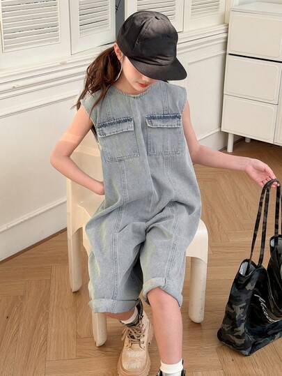 DAZY Tween Girls' Round Neck Pocket Casual Everyday Vacation Denim Bib Overall Wide Leg Jumpsuit