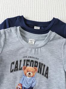 SHEIN 4pcs Baby Boy Bear Print Top And Shorts Set,Cute Navy Summer Casual Family Matching Round Neck Short Sleeve T-Shirt Cartoon Sets For Toddler Boys - Multicolor - View 3