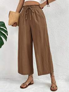 SHEIN Frenchy 女士休闲度假通勤纯色抽绳纸袋腰侧口袋阔腿裤 - 棕色 - 查看 4