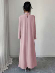 Yasmyna 女士纯色立领亮片装饰长袖优雅阿拉伯风格连衣裙 - 粉色 - 查看 2