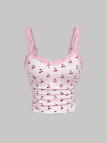 SHEIN MOD 三件套樱桃印花吊带背心套装，蕾丝边饰蝴蝶结，田园可爱风，复古浪漫风，适合花园茶会、约会、女士春夏装、春假度假等场合。 - 彩色 - 查看 7