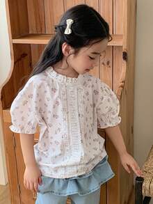 Dazy Kids 少女碎花泡泡袖撞色蕾丝休闲衬衫 - 白色 - 查看 4