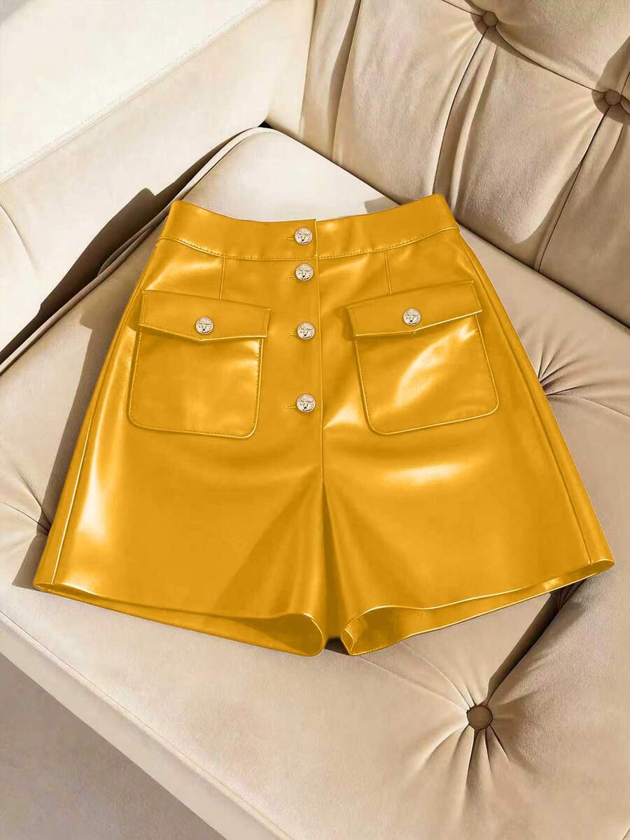 SHEIN Franclia Women's Casual Fashion PU Leather Solid Color Button Fly Flap Pocket Shorts - Yellow - View 1