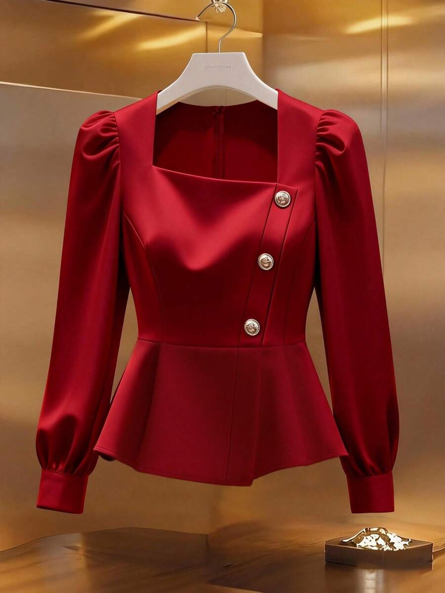 GlowEve CURVE 大码女式纯色方领纽扣设计泡泡袖优雅衬衫 - 紅色 - 查看 1