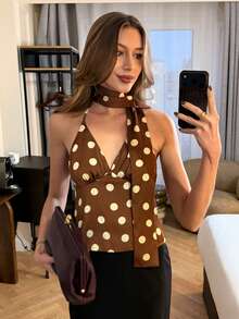 Pariaura Women's Sexy Polka Dot Print Backless Halter Top, Summer - Brown - View 1