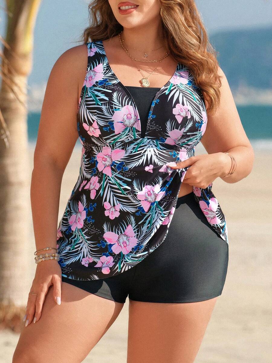 Swim Lushoire Plus Size Women 2pcs Random Print High Waist Briefs & Elegant Camisole Swimsuit - Black - View 1