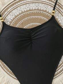 Swim SXY 1pc Solid Color Halter Tie Beaded One-Piece Swimsuit - Black - View 3