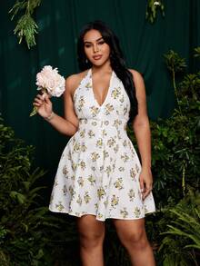 Roveilla Vestido de vacaciones con cuello de halter con estampado floral diminuto, talla grande, primavera/verano - Amarillo - Ver 7