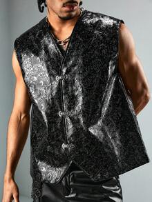 ROMWE MEN Street Life Men's Textured Floral V-Neck Button Vest - Black - View 6