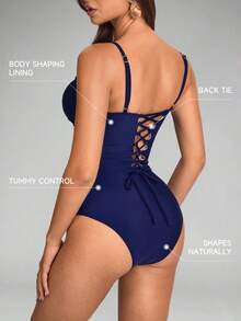 Shapewave Women's Camisole Strap Bikini Pushup Tummy Control Drawstring Backless Swimsuit, Blue - Brown - View 2