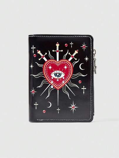 ROMWE Goth Gotik Stil Cüzdan, Punk Kız Aşk Gözü Mücevher Kristal Damla, Yıldız, Güneş, Kılıç Yaratıcı Tasarım Pentagram Fermuarlı Bozuk Para Kesesi, Günlük Moda Kartlık