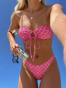 Swim Mod Women's Tropical Print Two Pieces Bikini Set, Casual Holiday Style - Multicolor - View 1