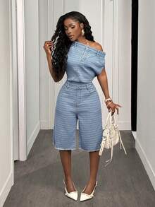 Slaydiva Women's Fashionable Asymmetric Collar Denim Jumpsuit, Summer - Light Wash - View 6