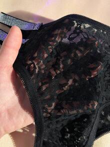 2pcs Women's Shiny Ribbon Hollow Lace Trim Thong Panties Set, Lingerie For Women,Sexy,Valentine's Day,Wedding - Black and White - View 5